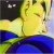 Pixelated image of a figure with closed eyes, yellow hair, and blue clothing against a dark background with white dots.