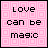 Pixel art animation of text and characters on a pink background, transitioning from text to a couple with changing colors