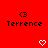 Red background with two identical pixelated sections showing '<3' symbols, 'Terrence' text, and white heart outlines below each section.