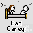 Pixel art animation of two figures in bed with text 'Bad Carey!' below, showing sequential hand movements and a final letter E.