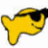 Yellow cartoon fish with black eye and mouth, stylized shape on white background.