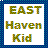 Pixelated text reading EAST Haven Kid in three lines on a white background with blue checkered border.