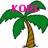 Pixelated palm tree with brown trunk and green fronds, overlaid pink text "KORI" in three positions across the image.