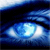 Pixelated blue and white abstract shape with gradient transitions, set against a dark background with horizontal blue bands.