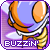 Pixelated cartoon character with orange hair and blue outfit, standing against purple background with white clouds, text 'BUZZIN'' at bottom.
