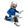 Animated character with white hair and sunglasses plays blue electric guitar in blue shirt and black pants, shifting from kneeling to crouching pose.