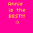 Yellow pixelated text on a split background reads "Annie is the BEST!!! :)" with top-left pink and bottom-left orange sections.