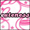 Pink and white patterned background with repeated 'cuteness' text, stars, and swirling lines; one frame shows a small star near the center.