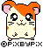 Pixel art hamster with orange and white fur, pink ears, black eyes, and a small nose in two expressions: open-eyed and closed-eyed.