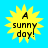 Yellow starburst shape with black text "A sunny day!" on bright blue background, four identical static frames.