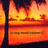 A static pixelated image depicts a sunset over water with palm trees silhouetted against orange and yellow sky, featuring dark vertical structure on left.