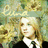 Pixelated image of a person with long blonde hair wearing a dark robe and white collar on a green background with text fragments.