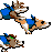 Pixel art contact sheet showing three frames of an animated dog mascot in blue gear running across a white background with gray transparency area.