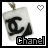 Pixelated icon of a white pendant with black 'CC' logo and brown accents, featuring the word 'Chanel' below; left view shows heart outline above right view.
