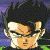 Pixelated close-up of a character with spiky black hair, light skin, and closed eyes, set against a gradient background.