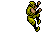 Pixelated character in yellow-green uniform performing climbing and weapon actions against gray background.