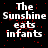 Black background with white text reading "The Sunshine eats infants" and scattered red pixel dots, with a gray rectangular area on the right side.