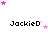 Pixelated text 'JackieD' appears in three with pink and light pink stars scattered above each on a white background