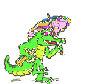 Green crocodile-like creature with yellow underbelly holding pink parasol and orange instrument, standing on gray background.