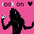 Pixelated silhouette of a figure with long hair holding a white object against pink background, text "rock on" and heart symbols repeated.