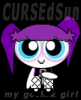 Animated cartoon character with purple pigtails and blue eyes in three expressions: wide-eyed, closed-eye smile, and one eye open.