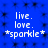 Blue background with black star-like patterns and white text reading 'live. love. *sparkle*' in four identical quadrants.