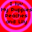 Four identical circular icons with red backgrounds and pink concentric rings display black text reading "I luv My Puppies Peaches and Lily" in a pixelated font.
