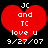 Red heart-shaped icon with white pixelated text reading 'JC and TC love u 9/27/07' on black background.