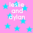 Pink background with scattered light blue stars and repeated white text 'leslie and dylan' in pixelated font.