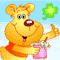 Pixelated cartoon bear with orange fur, red nose, and pink shorts points right while holding a green four-leaf clover against light blue background.