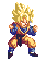 Pixelated character with spiky yellow hair in fighting stance, wearing blue and orange outfit with black belt.