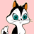 Pixelated cartoon cat with black-and-white fur, orange inner ears, and large teal eyes on a pink background.