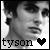 Black-and-white pixelated icon shows a person's face with dark hair, side profile to right, mouth slightly open; text 'tyson' and heart symbol at bottom.