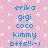 Pixelated blue text on pink background with white square patterns, listing names and 'bffs!!!:-)' in a vertical arrangement.