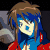 Pixelated anime-style character with blue hair and brown highlights, wearing red clothing against a dark background.