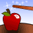 Animated sequence showing a red apple with green leaf and brown stem on brown ground, struck by wooden stick causing white sparkles and light blue explosion effect.