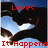 Pixelated image with red text 'Love< It Happens' over a dark shape against blue and white background.