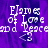 Pixelated text 'Flames of Love and Peace' in white on purple background with gray rectangle overlay.