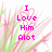 Pixelated image with pink text reading 'I Love Him Alot' over a soft-focus background of green and pink floral shapes.