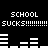 Black background with white pixelated text and bar graphs repeating 'SCHOOL SUCKS' in two , each containing multiple exclamation marks