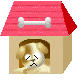 Animated pixel art contact sheet showing a dog in a house with changing expressions and text bubbles across six frames.