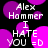 Pixelated text and purple circles on black background with repeated 'Alex Hammer' and 'I HATE YOU =D' text.