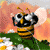 Animated bee with yellow and black stripes, white wings, and antennae, standing on green grass with white flowers against a pinkish background.