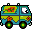 Pixelated static image of a cartoon van with green and blue body, yellow accents, red flower-like shapes on wheels, and white window details.