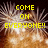 Pixelated fireworks display with yellow text countdown and celebratory messages on a dark background.