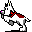 Pixelated white dog with red saddle-like marking and purple nose, wearing black collar, in six sequential poses showing movement across gray background.