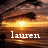 Sunset over water with a bright yellow-orange sun, dark silhouetted clouds above, and the name 'lauren' in white lowercase letters at bottom center.