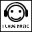 Pixelated icon of a smiling face wearing headphones with "I LOVE MUSIC" text below, showing animation changes in blue text and smile curvature.