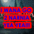 Animated scene with red and blue text over a dark cityscape background featuring tall buildings under a moonlit sky.