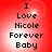 Red background with pixelated text reading "I Love Nicole Forever Baby" in four identical quadrants, each with a bright white circular glow behind the text.